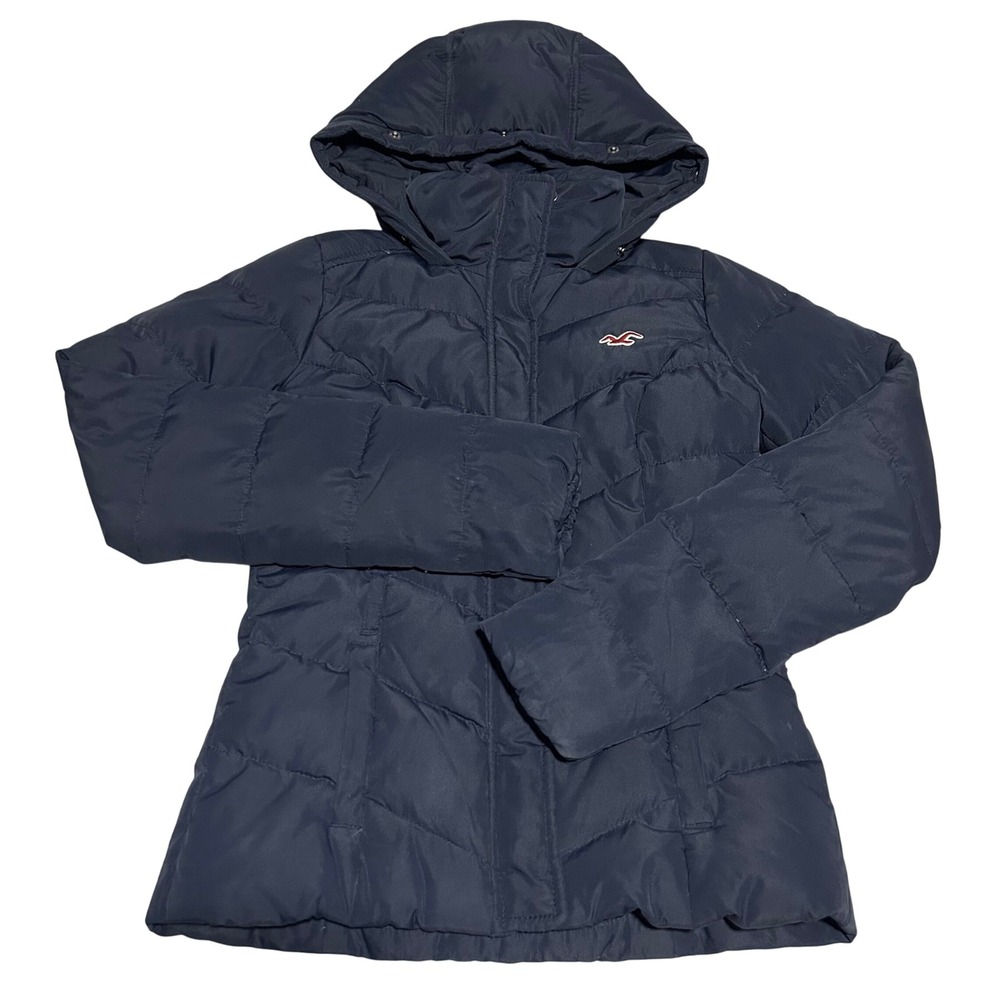 Y2K Hollister Quilted Puffer Jacket Womens XS Navy Blue Down Filled Hooded